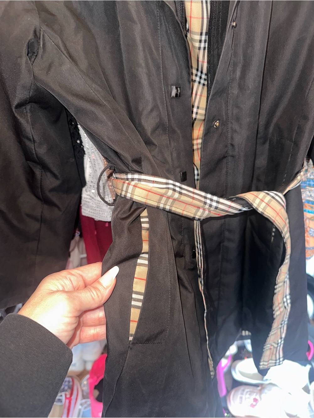 Black Burberry Trench Coat with Plaid Trim and Belt - Picture 2 of 3